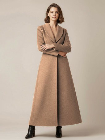 ラクダ色 ショールカラーのフルレングスウールコート（Aライン、Vネック、レディース）2025