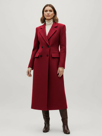 ワインレッド ノッチラペルとフラップポケット付きウールダブルブレストロングコート（レディース）2025