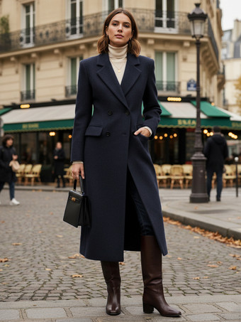 ノッチラペルとフラップポケット付きウールダブルブレストロングコート（レディース）2025