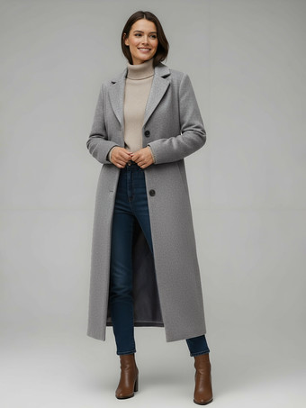 グレイクラシックなノッチラペルのシングルブレストウールロングストレートコート（レディース）2025