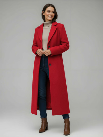 レッド クラシックなノッチラペルのシングルブレストウールロングストレートコート（レディース）2025