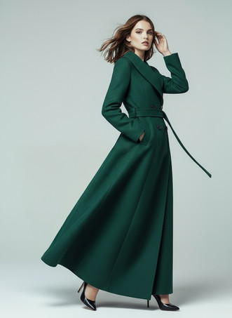 グリーン ショールカラーとダブルブレストのウール製ベルト付きマキシコート（レディース 2025年）