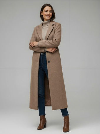 ラクダ色 クラシックなノッチラペルのシングルブレストウールロングストレートコート（レディース）2025