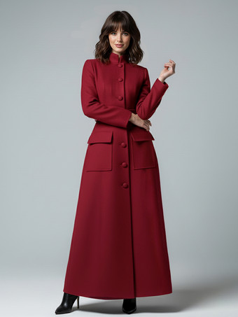 ワインレッド スタンドカラーとフラップポケット付きウールのフルレングスマキシコート（レディース）2025
