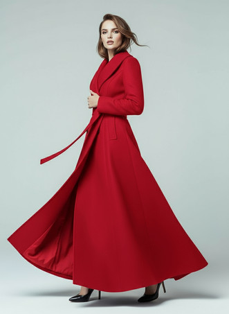 レッド ショールカラーとダブルブレストのウール製ベルト付きマキシコート（レディース 2025年）