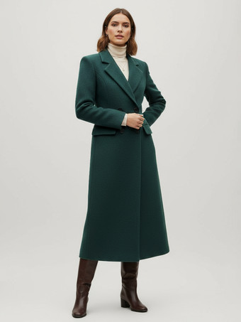 グリーン ノッチラペルとフラップポケット付きウールダブルブレストロングコート（レディース）2025