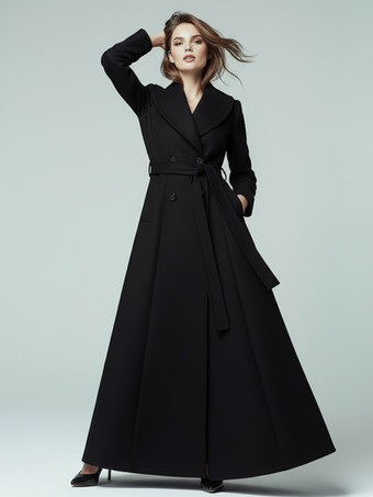 ブラック ショールカラーとダブルブレストのウール製ベルト付きマキシコート（レディース 2025年）