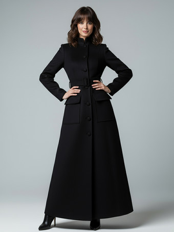 ブラック スタンドカラーとフラップポケット付きウールのフルレングスマキシコート（レディース）2025