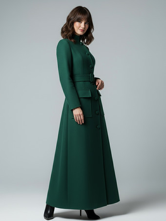 グリーン スタンドカラーとフラップポケット付きウールのフルレングスマキシコート（レディース）2025