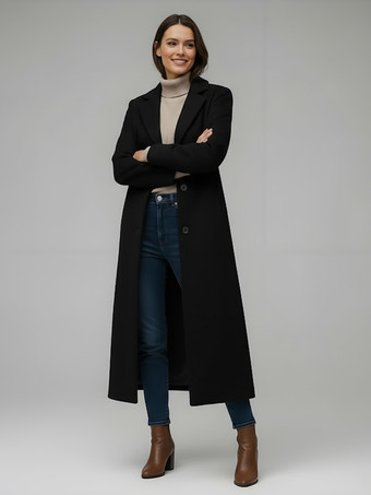 ブラック クラシックなノッチラペルのシングルブレストウールロングストレートコート（レディース）2025