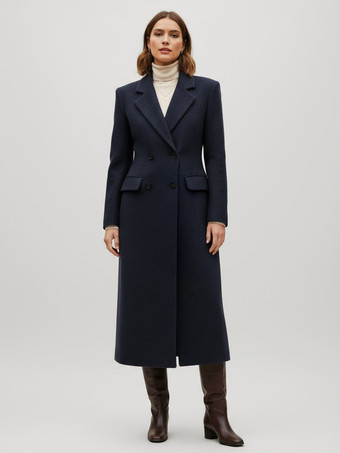 ダークネイビーノッチラペルとフラップポケット付きウールダブルブレストロングコート（レディース）2025