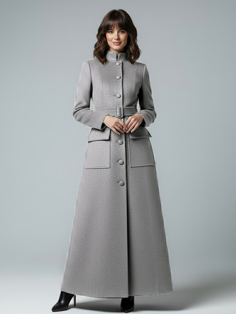 グレイスタンドカラーとフラップポケット付きウールのフルレングスマキシコート（レディース）2025