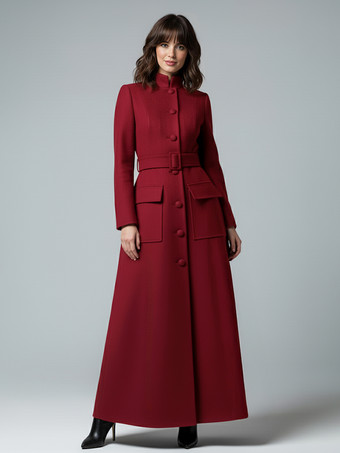 スタンドカラーとフラップポケット付きウールのフルレングスマキシコート（レディース）2025