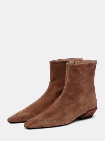 ブラウンスエードアンクルブーツ レディース スクエアトゥ チャンキーヒール ブーティ