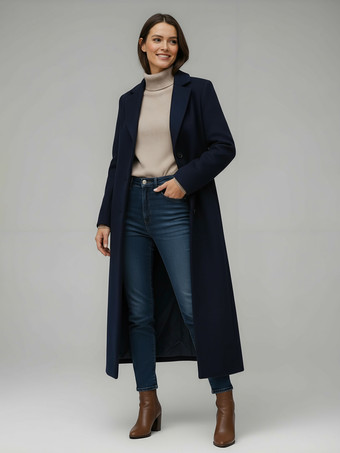 ダークネイビークラシックなノッチラペルのシングルブレストウールロングストレートコート（レディース）2025