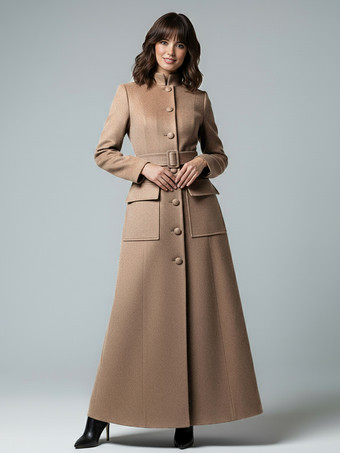 ラクダ色 スタンドカラーとフラップポケット付きウールのフルレングスマキシコート（レディース）2025