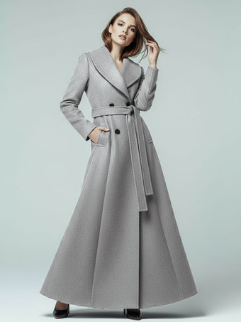 グレイショールカラーとダブルブレストのウール製ベルト付きマキシコート（レディース 2025年）