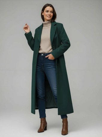 グリーン クラシックなノッチラペルのシングルブレストウールロングストレートコート（レディース）2025
