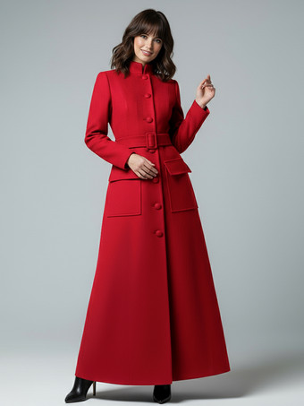 レッド スタンドカラーとフラップポケット付きウールのフルレングスマキシコート（レディース）2025