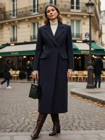 ノッチラペルとフラップポケット付きウールダブルブレストロングコート（レディース）2025