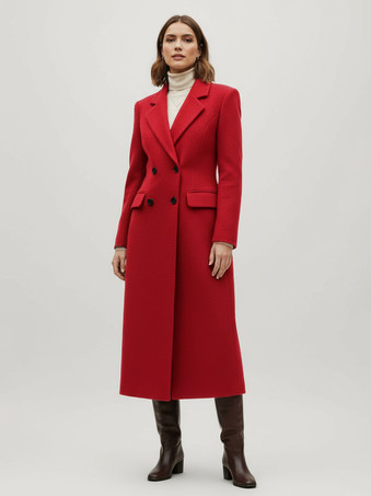レッド ノッチラペルとフラップポケット付きウールダブルブレストロングコート（レディース）2025