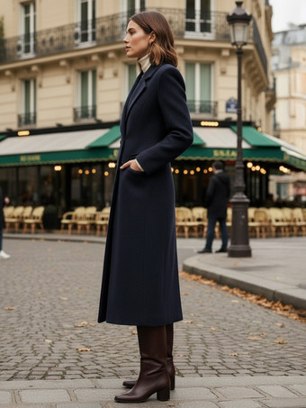 ノッチラペルとフラップポケット付きウールダブルブレストロングコート（レディース）2025