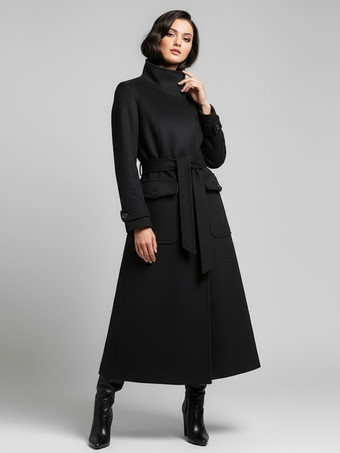 ブラック ベルト付きウールスタンドカラーロング冬コート（レディース用、機能的なポケット付き）2025年モデル