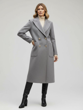 Grigio Cappotto midi doppiopetto in lana con bottoni dorati per donna 2025