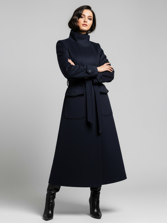 ダークネイビーベルト付きウールスタンドカラーロング冬コート（レディース用、機能的なポケット付き）2025年モデル