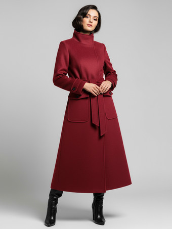 ワインレッド ベルト付きウールスタンドカラーロング冬コート（レディース用、機能的なポケット付き）2025年モデル