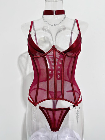 コルセットパンツセット バーガンディ ポリエステル バックレス レースアップ 室内用 セクシーランジェリーセット