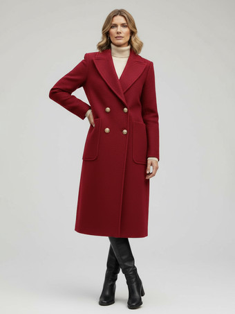 BordeauxCappotto midi doppiopetto in lana con bottoni dorati per donna 2025