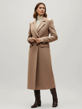 ラクダ色 ノッチラペルとフラップポケット付きウールダブルブレストロングコート（レディース）2025