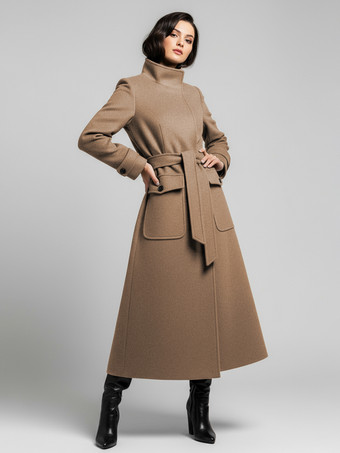 ラクダ色 ベルト付きウールスタンドカラーロング冬コート（レディース用、機能的なポケット付き）2025年モデル