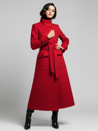 レッド ベルト付きウールスタンドカラーロング冬コート（レディース用、機能的なポケット付き）2025年モデル