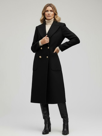 Nero Cappotto midi doppiopetto in lana con bottoni dorati per donna 2025