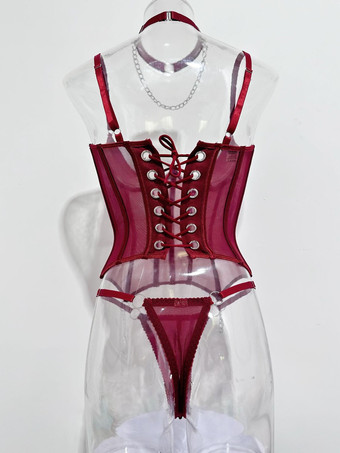 コルセットパンツセット バーガンディ ポリエステル バックレス レースアップ 室内用 セクシーランジェリーセット