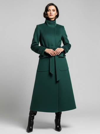 グリーン ベルト付きウールスタンドカラーロング冬コート（レディース用、機能的なポケット付き）2025年モデル
