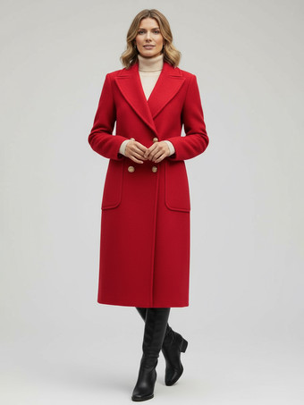 Rosso Cappotto midi doppiopetto in lana con bottoni dorati per donna 2025