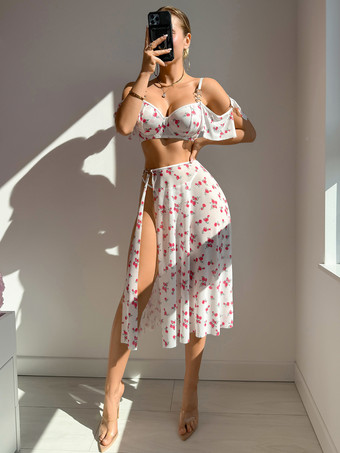 Pigiama in poliestere bianco a strati 3 pezzi reggiseno mutandine gonna lingerie da notte