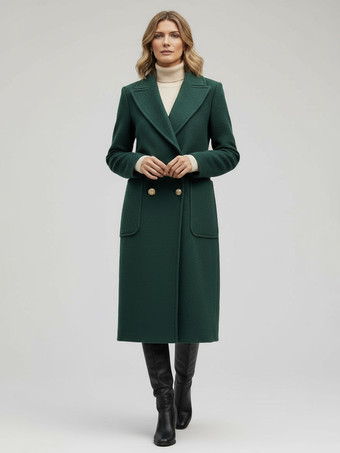 VerdeCappotto midi doppiopetto in lana con bottoni dorati per donna 2025