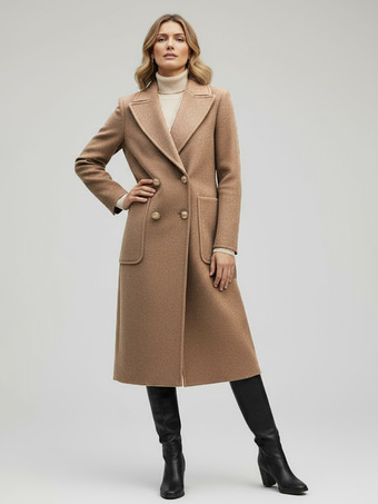 Marrone Chiaro Cappotto midi doppiopetto in lana con bottoni dorati per donna 2025