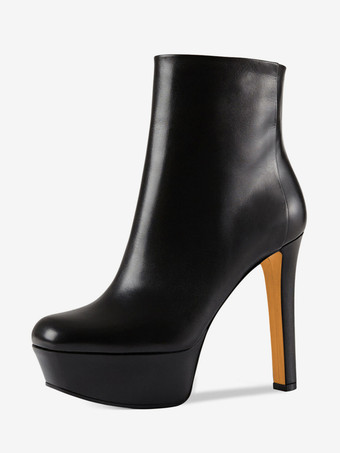ブラック プラットフォーム アンクルブーツ ラウンドトゥ ハイヒール ブーティ
