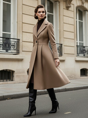 Abrigo midi vintage de lana con corte en X y solapa con muesca para mujer 2025