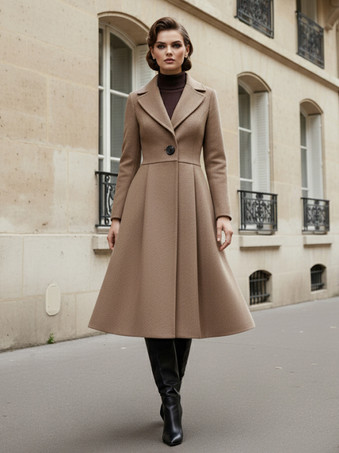 Abrigo midi vintage de lana con corte en X y solapa con muesca para mujer 2025