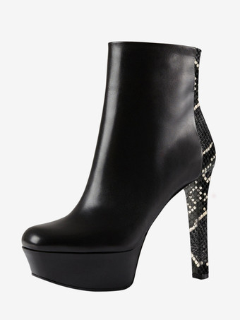 ブラック プラットフォーム アンクルブーツ ラウンドトゥ ハイヒール ブーティ