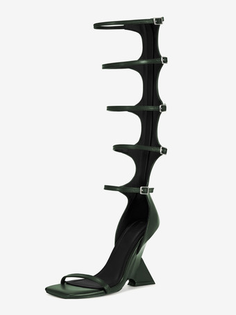 ダークグリーンブラックグラディエーターサンダル オープントゥ バックルディテール ストラップデザイン ウェッジヒールサンダルシューズ