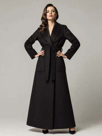 ブラック ベルト付きウールのフルレングスマキシコート（ワイドショールカラー）レディース 2025