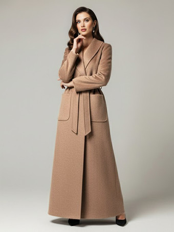 ラクダ色 ベルト付きウールのフルレングスマキシコート（ワイドショールカラー）レディース 2025