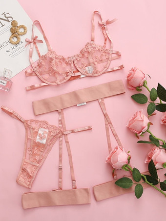 Conjunto de lencería de 3 piezas con sujetador y braguita rojos transparentes con encaje